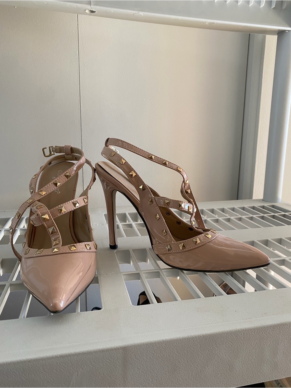 Nude Patent Studded Pointed Slingback Heels